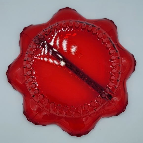 Vintage Red Glass Scalloped Wavy Divided Dish #1389 - Picture 4 of 15
